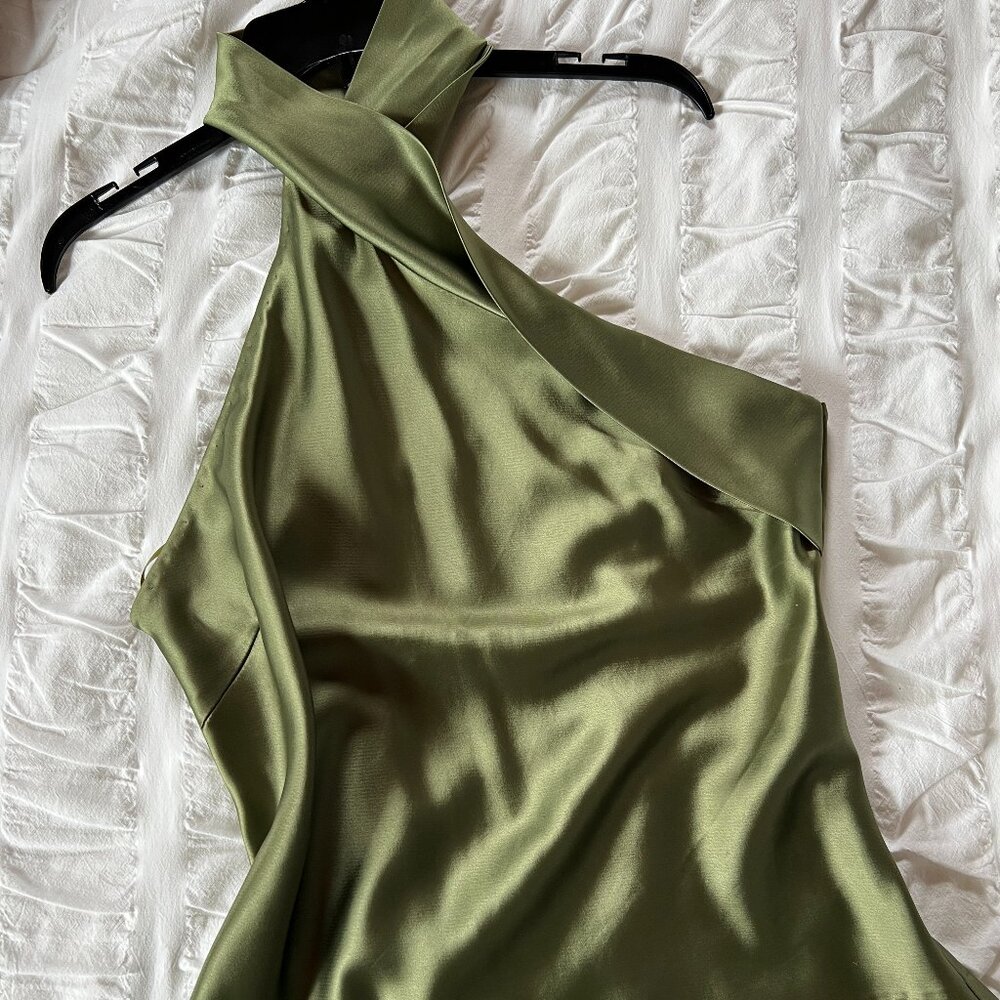 Galvan London Olive Satin Halter Top with Scarf Detail, Size: 10